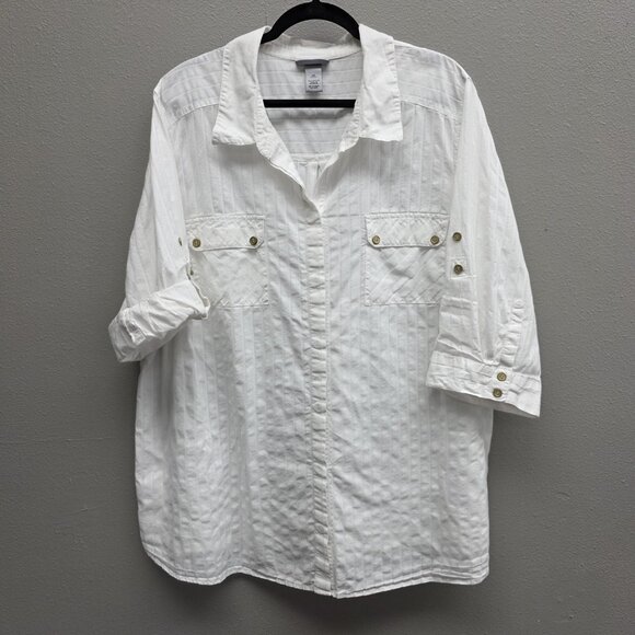 Liz & Me for Catherines Shirt Womens 2X White Roll Tab Button Front Pockets - Picture 1 of 11
